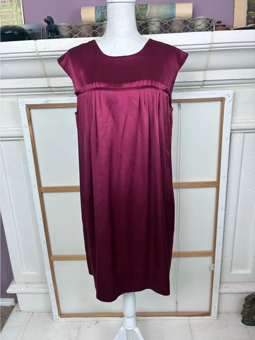 BCBG Pure Silk Satin Burgundy Shift Dress w/ pockets & back buttons NWOT